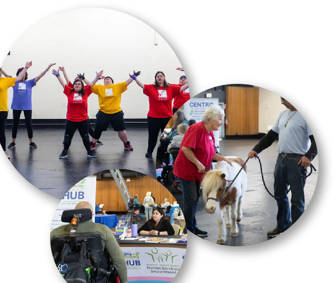 Three photo circles: Dancers putting on a performance, an older woman speaking to a male handler with a mininature horse service animal, and a man in a power wheelchair talking to a woman at a vendor table.